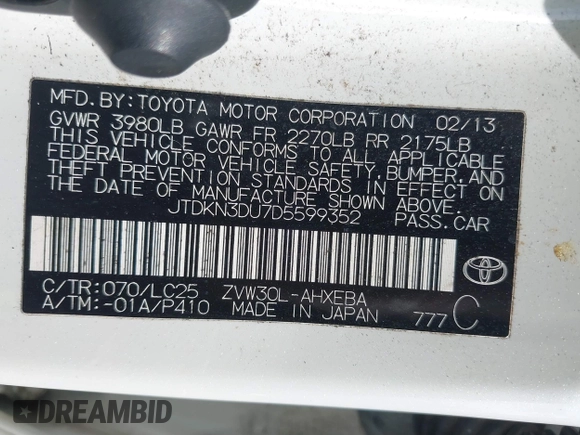 2013 Toyota Prius One z VIN JTDKN3DU7D5599352, wystawiony jako IAAI lot #41822091 z przebiegiem 198 360 mil mil oraz . Historia ofert i sprzedaży dostępna na DreamBid. Obrazek 9.