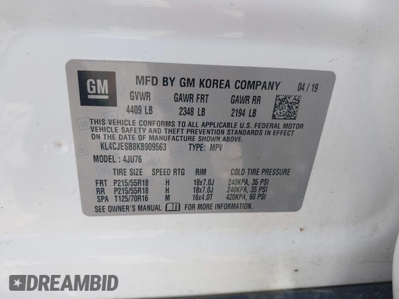 2019 Buick Encore Preferred with VIN KL4CJESB8KB909563, listed as a IAAI auction lot 41764126 with 61,391 mi miles. Bid and sale history available at carsss.com. Image 9.