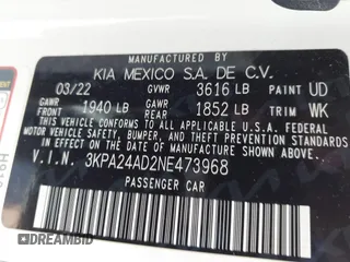 2022 Kia Rio S with VIN 3KPA24AD2NE473968, listed as a IAAI auction lot 42170326 with 42,676 mi miles and . Bid and sale history available at DreamBid. Image 9.