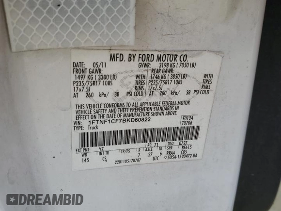 2011 Ford F-150 XL with VIN 1FTNF1CF7BKD60822, listed as a Copart auction lot 48488755 with Not Provided miles and Clean Title. Bid and sale history available at carsss.com. Image 12.