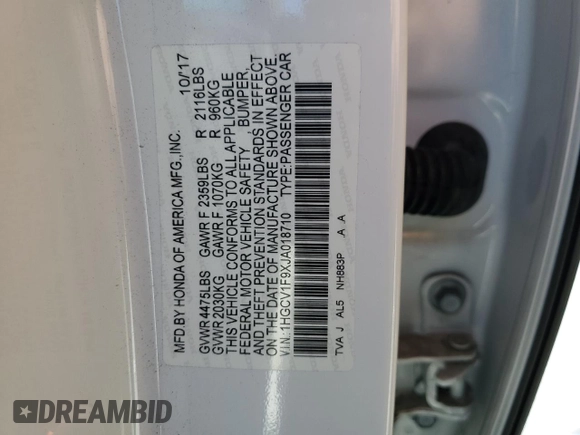 2018 Honda Accord Touring with VIN 1HGCV1F9XJA018710, listed as a Copart auction lot 56143685 with 146,625 mi miles and Salvage title. Bid and sale history available at DreamBid. Image 12.