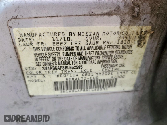 2011 Nissan Sentra S with VIN 3N1AB6AP8BL652595, listed as a Copart auction lot 57413225 with 295,938 mi miles and Salvage title. Bid and sale history available at DreamBid. Image 12.