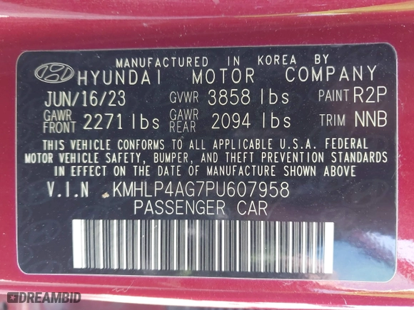 2023 Hyundai Elantra Limited with VIN KMHLP4AG7PU607958, listed as a IAAI auction lot 41854130 with 57,875 mi miles. Bid and sale history available at carsss.com. Image 9.