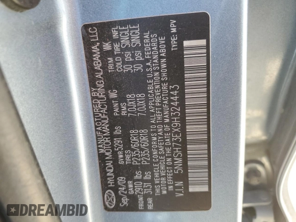 2009 Hyundai Santa Fe Limited с VIN 5NMSH73EX9H324443, выставлен на аукционе Copart как лот 56801615 с пробегом 121 347 миль миль и Списание • Salvage title. История ставок и продаж доступна на DreamBid. Изображение 13.