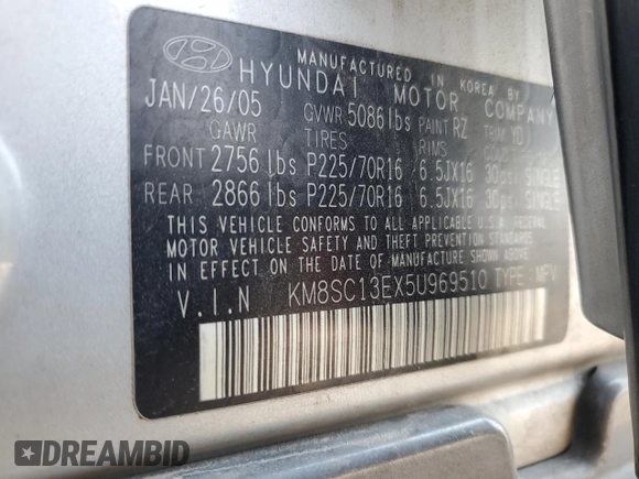 2005 Hyundai Santa Fe GLS with VIN KM8SC13EX5U969510, listed as a Copart auction lot 70890884 with 135,697 mi miles and Salvage Title. Bid and sale history available at carsss.com. Image 15.