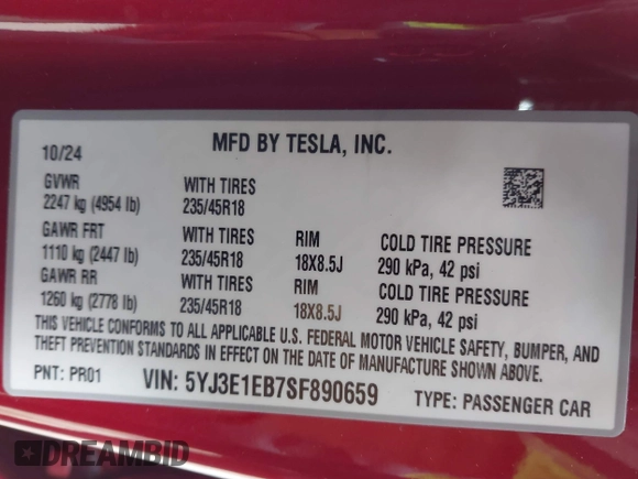 2025 Tesla Model 3 Long Range with VIN 5YJ3E1EB7SF890659, listed as a IAAI auction lot 41550353 with 1,004 mi miles and . Bid and sale history available at DreamBid. Image 9.