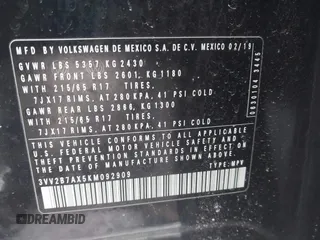 2019 Volkswagen Tiguan SE z VIN 3VV2B7AX5KM092909, wystawiony jako IAAI lot #41645271 z przebiegiem 59 460 mil mil oraz . Historia ofert i sprzedaży dostępna na DreamBid. Obrazek 9.