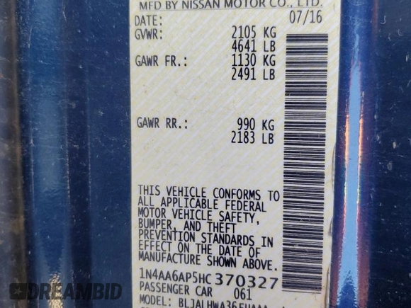 2017 Nissan Maxima SV with VIN 1N4AA6AP5HC370327, listed as a Copart auction lot 58392405 with Not provided miles and Salvage title. Bid and sale history available at DreamBid. Image 12.
