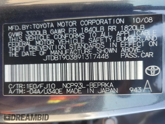 2009 Toyota Yaris z VIN JTDBT903891317448, wystawiony jako Copart lot #56153315 z przebiegiem 209 441 mil mil oraz Szkoda całkowita • Salvage title. Historia ofert i sprzedaży dostępna na DreamBid. Obrazek 12.