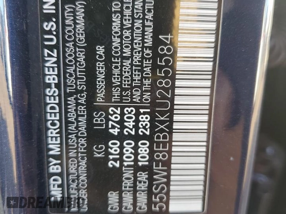 2019 Mercedes-Benz C 300 with VIN 55SWF8EBXKU285584, listed as a Copart auction lot 79055394 with 74,180 mi miles and Salvage Title. Bid and sale history available at DreamBid. Image 13.