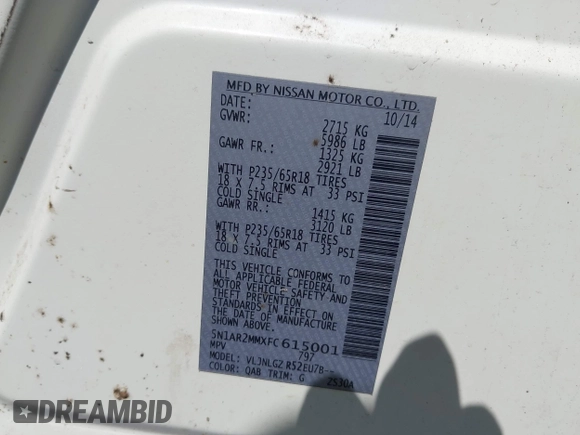2015 Nissan Pathfinder Platinum with VIN 5N1AR2MMXFC615001, listed as a IAAI auction lot 42810501 with 206,247 mi miles and . Bid and sale history available at DreamBid. Image 9.