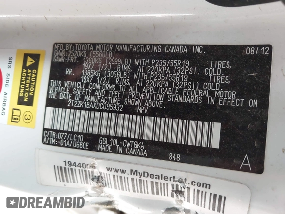 2013 Lexus RX 350 with VIN 2T2ZK1BAXDC095932, listed as a IAAI auction lot 41708217 with Not Provided miles and . Bid and sale history available at DreamBid. Image 9.