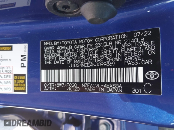 2022 Toyota Corolla SE with VIN JTDS4MCE4NJ099869, listed as a IAAI auction lot 41848244 with 24,357 mi miles and . Bid and sale history available at DreamBid. Image 9.