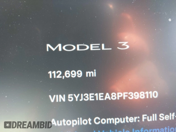 2023 Tesla Model 3 with VIN 5YJ3E1EA8PF398110, listed as a IAAI auction lot 41692006 with 112,699 mi miles and . Bid and sale history available at carsss.com. Image 7.