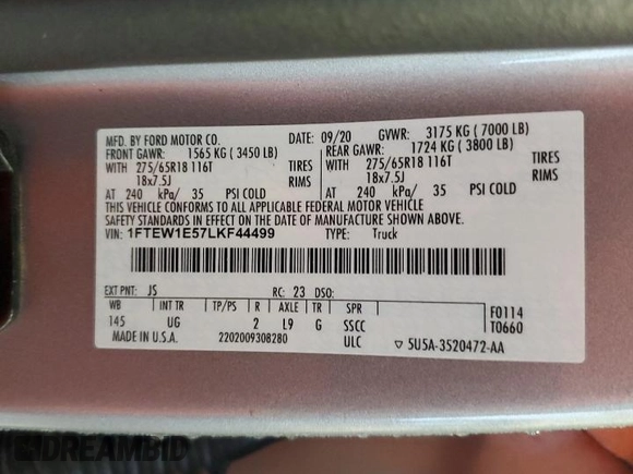 2020 Ford F-150 XL with VIN 1FTEW1E57LKF44499, listed as a Copart auction lot 60336735 with 156,745 mi miles and Salvage title. Bid and sale history available at DreamBid. Image 13.