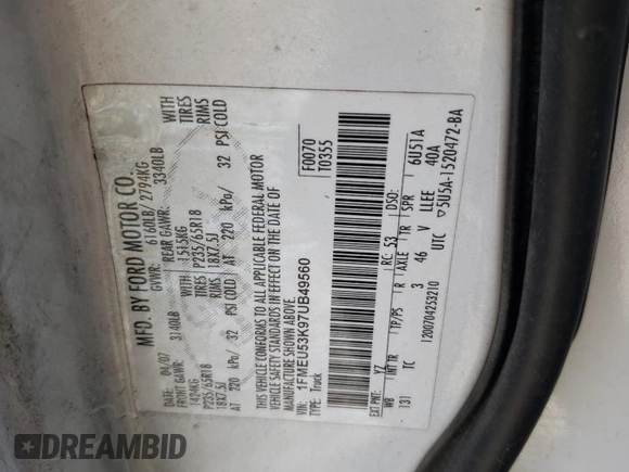 2007 Ford Explorer Sport Trac Limited z VIN 1FMEU53K97UB49560, wystawiony jako Copart lot #54001975 z przebiegiem 252 849 mil mil oraz Szkoda całkowita • Salvage title. Historia ofert i sprzedaży dostępna na DreamBid. Obrazek 12.