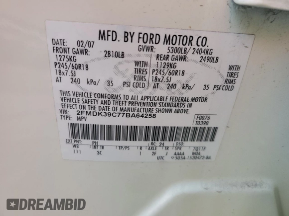 2007 Ford Edge SEL PLUS with VIN 2FMDK39C77BA64258, listed as a Copart auction lot 43733275 with 126,378 mi miles and Salvage Title. Bid and sale history available at carsss.com. Image 13.