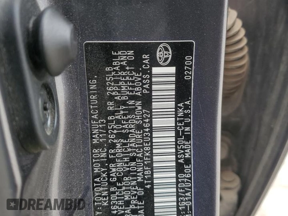 2014 Toyota Camry L with VIN 4T1BF1FK8EU346427, listed as a Copart auction lot 51449855 with 43,931 mi miles and Salvage Title. Bid and sale history available at DreamBid. Image 14.