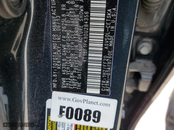 2013 Toyota Camry L with VIN 4T1BF1FK9DU284356, listed as a Copart auction lot 50966995 with 0 mi miles and Salvage Title. Bid and sale history available at carsss.com. Image 12.