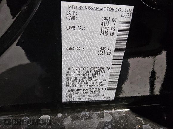 2025 Nissan Altima SV with VIN 1N4BL4DV3SN370643, listed as a Copart auction lot 53912515 with 2,074 mi miles and Clean Title. Bid and sale history available at DreamBid. Image 12.