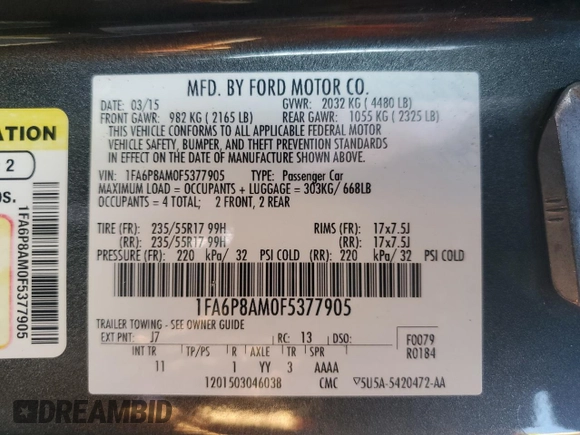 2015 Ford Mustang V6 with VIN 1FA6P8AM0F5377905, listed as a Copart auction lot 52326125 with 110,061 mi miles and Clean Title. Bid and sale history available at DreamBid. Image 12.