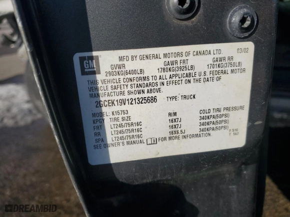 2002 Chevrolet Silverado 1500 LS with VIN 2GCEK19V121325686, listed as a Copart auction lot 42398665 with 188,357 mi miles and Salvage Title. Bid and sale history available at carsss.com. Image 12.