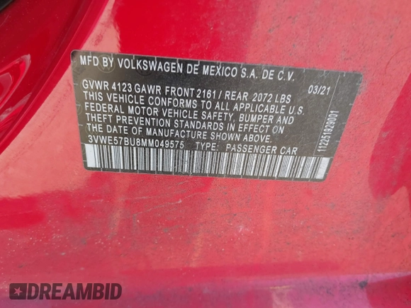 2021 Volkswagen Jetta SEL with VIN 3VWE57BU8MM049575, listed as a IAAI auction lot 41758670 with 60,470 mi miles and . Bid and sale history available at DreamBid. Image 9.
