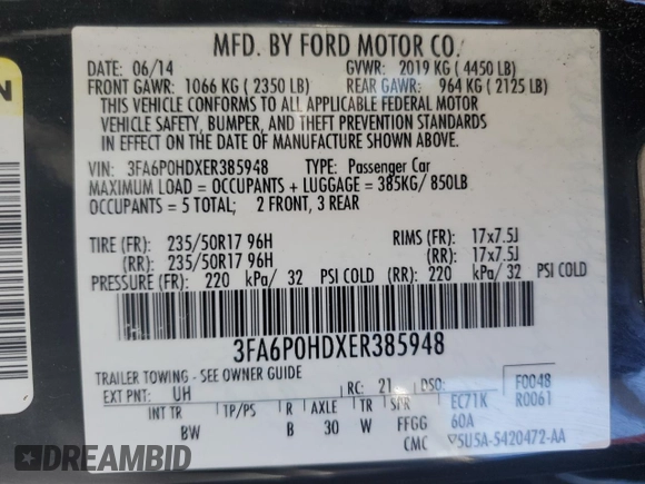 2014 Ford Fusion SE with VIN 3FA6P0HDXER385948, listed as a Copart auction lot 50086695 with 102,439 mi miles and Salvage Title. Bid and sale history available at carsss.com. Image 12.