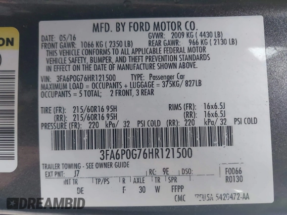 2017 Ford Fusion S with VIN 3FA6P0G76HR121500, listed as a IAAI auction lot 40308024 with 130,325 mi miles. Bid and sale history available at carsss.com. Image 9.