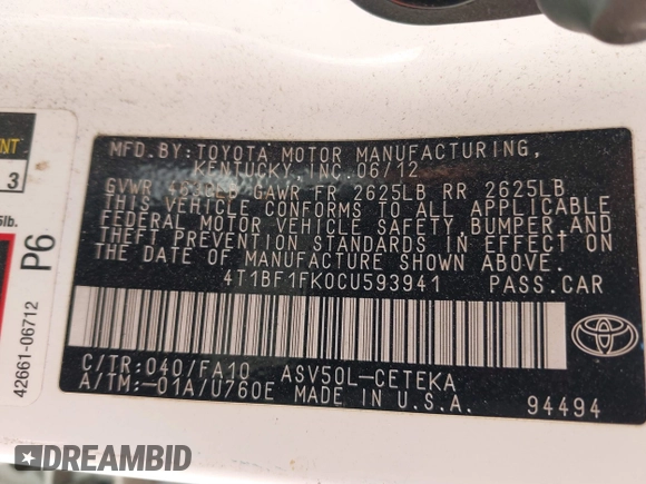 2012 Toyota Camry L with VIN 4T1BF1FK0CU593941, listed as a IAAI auction lot 41880560 with 126,658 mi miles. Bid and sale history available at carsss.com. Image 9.