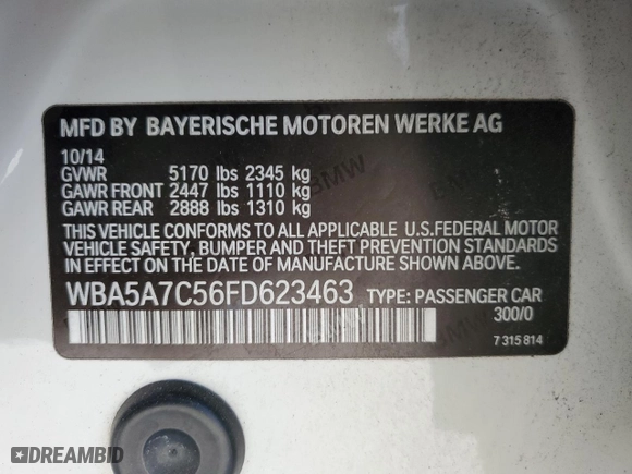 2015 BMW 5 Series 528i xDrive with VIN WBA5A7C56FD623463, listed as a Copart auction lot 48235445 with 104,360 mi miles and Salvage Title. Bid and sale history available at carsss.com. Image 13.