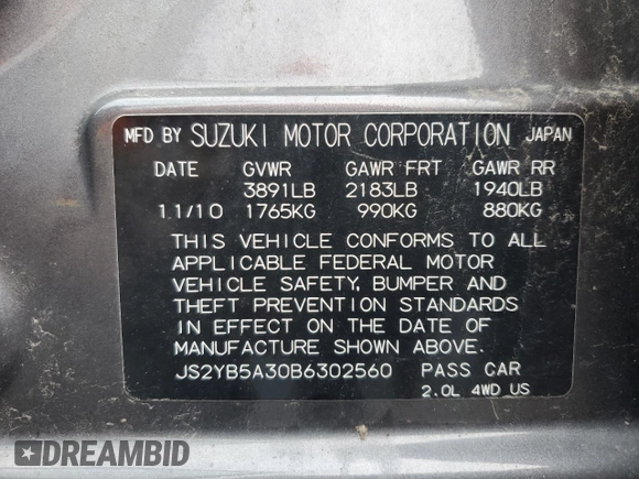 2011 Suzuki SX4 Crossover with VIN JS2YB5A30B6302560, listed as a Copart auction lot 66270184 with 137,913 mi miles and Salvage Title. Bid and sale history available at carsss.com. Image 12.