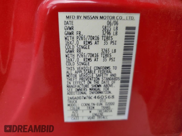 2006 Nissan Frontier LE with VIN 1N6AD07W76C460568, listed as a Copart auction lot 62859015 with 145,127 mi miles and Salvage title. Bid and sale history available at DreamBid. Image 13.