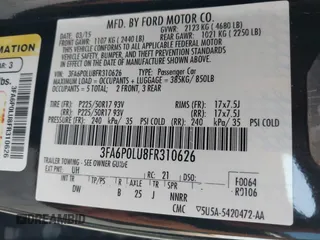 2015 Ford Fusion SE Hybrid with VIN 3FA6P0LU8FR310626, listed as a IAAI auction lot 40048581 with 124,086 mi miles and . Bid and sale history available at DreamBid. Image 9.