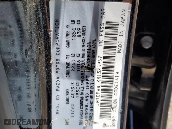2021 Mazda 3 Select with VIN JM1BPABLXM1323957, listed as a Copart auction lot 62337215 with 75,068 mi miles and Salvage title. Bid and sale history available at DreamBid. Image 12.
