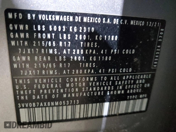2022 Volkswagen Tiguan S with VIN 3VV0B7AX8NM053713, listed as a Copart auction lot 43020435 with 148,530 mi miles and Salvage title. Bid and sale history available at DreamBid. Image 15.