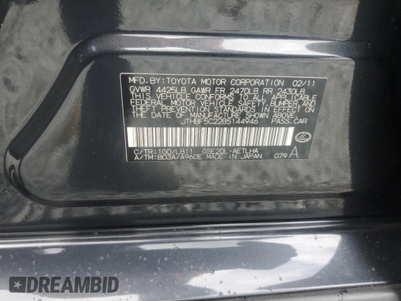 2011 Lexus IS 250 with VIN JTHBF5C22B5144946, listed as a Copart auction lot 52593265 with 97,088 mi miles and Salvage title. Bid and sale history available at DreamBid. Image 14.