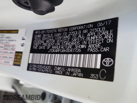 2017 Toyota Prius Two with VIN JTDKARFU6H3047726, listed as a IAAI auction lot 42619600 with 215,918 mi miles and . Bid and sale history available at DreamBid. Image 12.