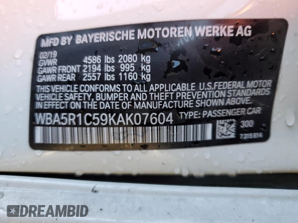 2019 BMW 3 Series 330i with VIN WBA5R1C59KAK07604, listed as a Copart auction lot 66944152 with 57,119 mi miles. Bid and sale history available at carsss.com. Image 10.