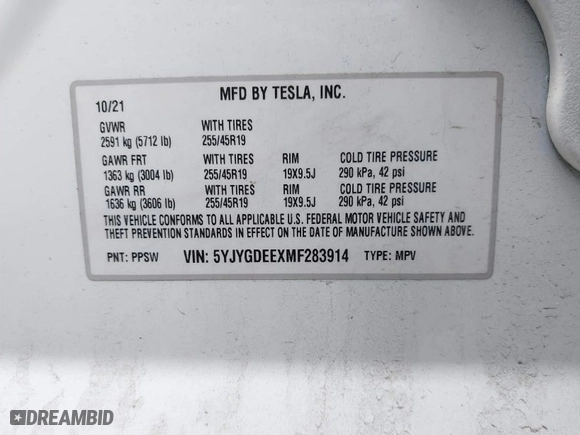 2021 Tesla Model Y Long Range with VIN 5YJYGDEEXMF283914, listed as a IAAI auction lot 41661936 with 53,212 mi miles. Bid and sale history available at carsss.com. Image 9.