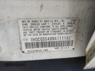 1998 Honda Accord LX с VIN 1HGCG5548WA111143, выставлен на аукционе IAAI как лот 42327931 с пробегом 145 843 миль миль и . История ставок и продаж доступна на DreamBid. Изображение 9.