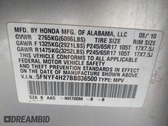2011 Honda Pilot LX with VIN 5FNYF4H27BB036500, listed as a IAAI auction lot 42537663 with 179,424 mi miles and . Bid and sale history available at DreamBid. Image 9.