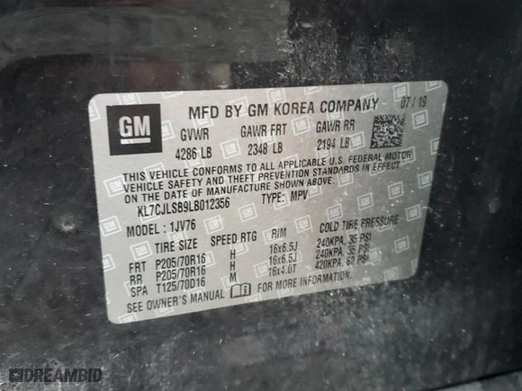2020 Chevrolet Trax LT with VIN KL7CJLSB9LB012356, listed as a Copart auction lot 42559735 with 0 mi miles and Non Repairable. Bid and sale history available at carsss.com. Image 14.