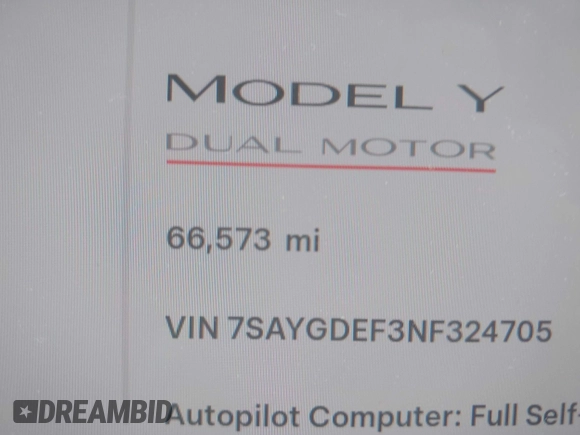 2022 Tesla Model Y Performance with VIN 7SAYGDEF3NF324705, listed as a IAAI auction lot 42076565 with 66,573 mi miles and . Bid and sale history available at DreamBid. Image 7.