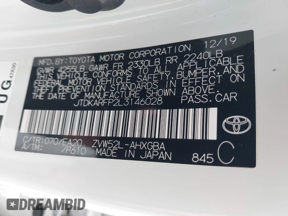 2020 Toyota Prius LE with VIN JTDKARFP2L3146028, listed as a IAAI auction lot 42192696 with 86,201 mi miles and . Bid and sale history available at DreamBid. Image 9.