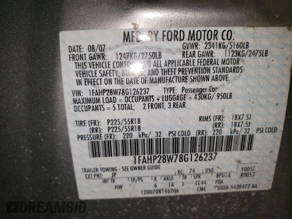 2008 Ford Taurus Limited with VIN 1FAHP28W78G126237, listed as a Copart auction lot 73811354 with 86,490 mi miles and Salvage Title. Bid and sale history available at carsss.com. Image 12.