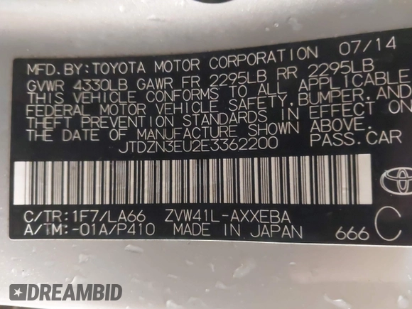 2014 Toyota Prius Two with VIN JTDZN3EU2E3362200, listed as a IAAI auction lot 41076995 with 149,403 mi miles and . Bid and sale history available at DreamBid. Image 9.