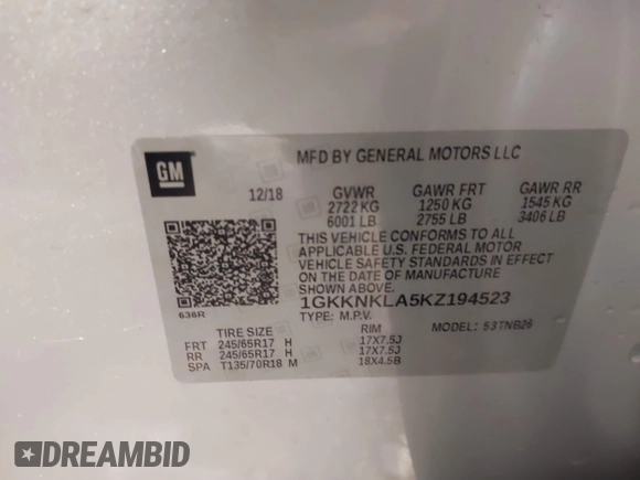 2019 GMC Acadia SLE with VIN 1GKKNKLA5KZ194523, listed as a IAAI auction lot 41761694 with 88,310 mi miles. Bid and sale history available at carsss.com. Image 9.