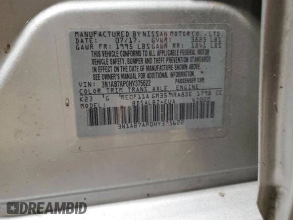 2017 Nissan Sentra S with VIN 3N1AB7AP0HY375622, listed as a Copart auction lot 46664685 with 74,703 mi miles and Salvage Title. Bid and sale history available at carsss.com. Image 14.