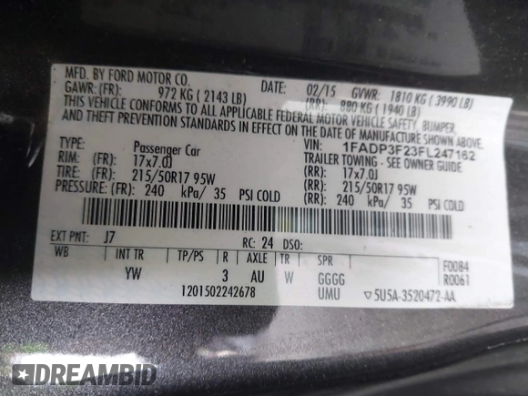 2015 Ford Focus SE with VIN 1FADP3F23FL247162, listed as a IAAI auction lot 42542583 with 95,852 mi miles and . Bid and sale history available at DreamBid. Image 9.